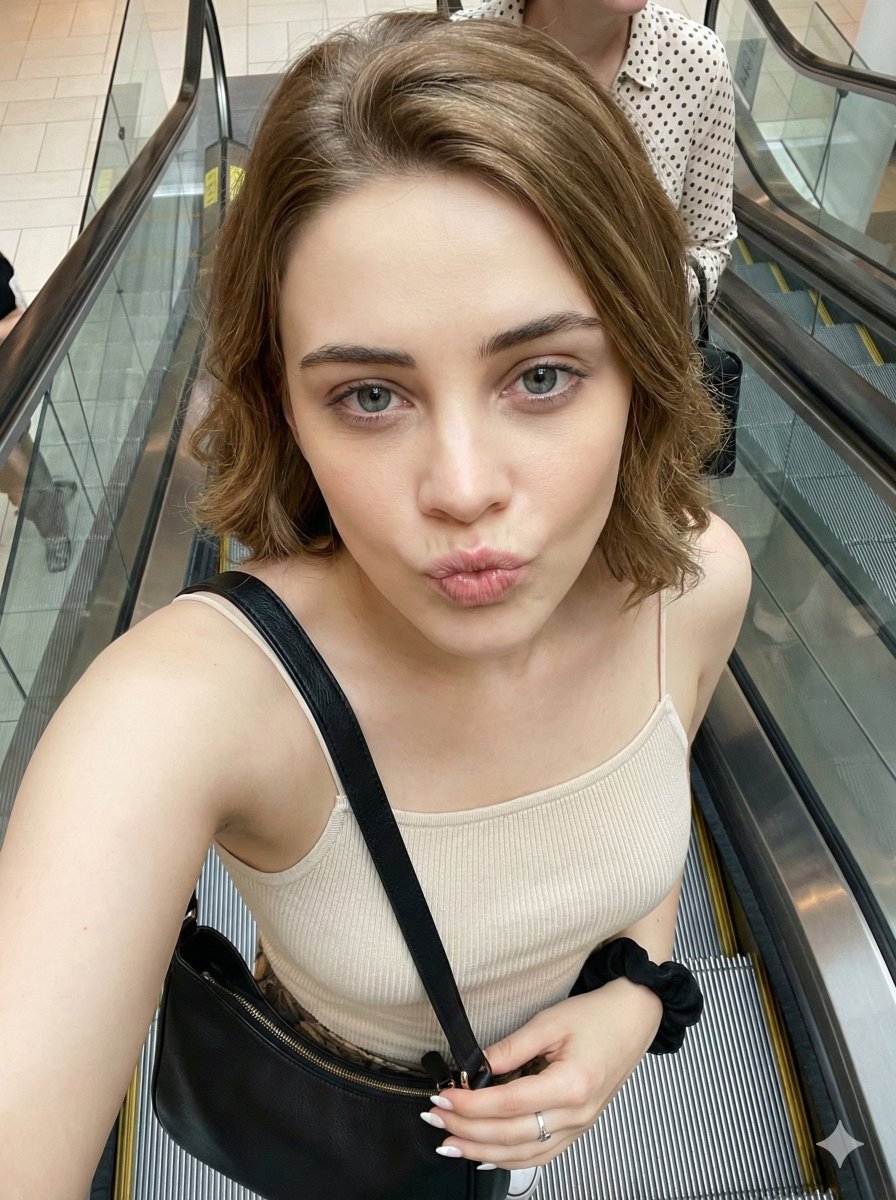 Candid Selfie Prompt with Duck Face Expression on Escalator — example 2