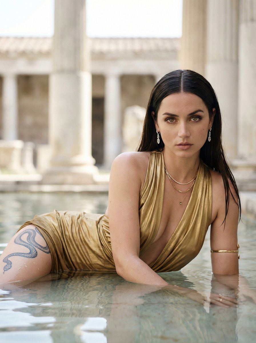 Hyper-Realistic Fashion Editorial in Roman Baths Prompt — example 1