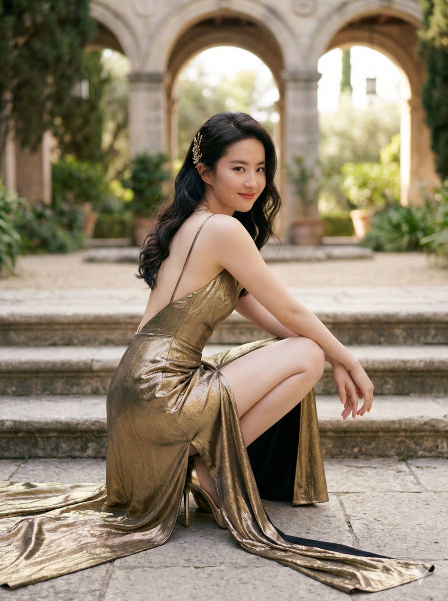 Elegant Outdoor Portrait in Gold Evening Gown — example 1