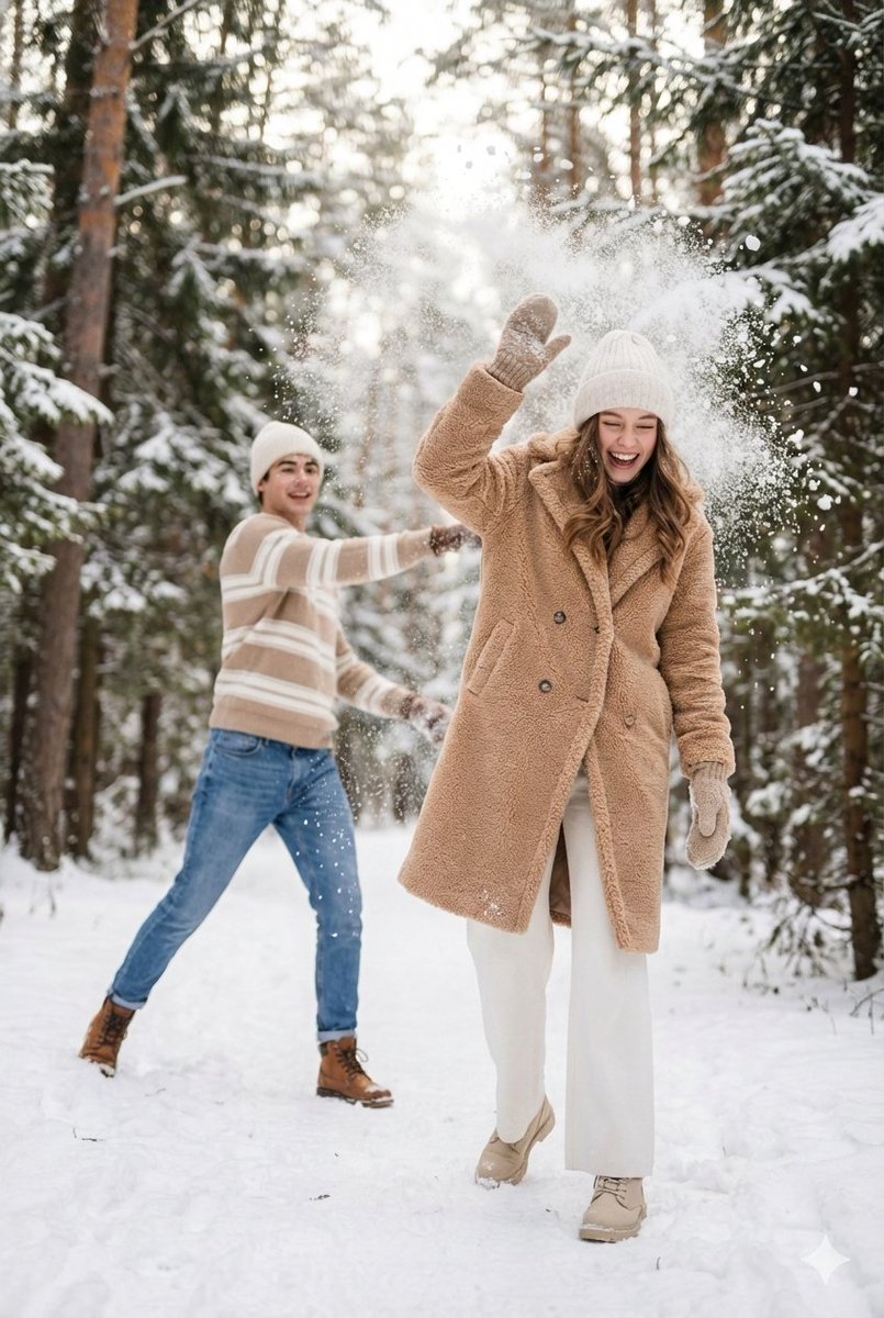 Cinematic Winter Scene Prompt of Couple Throwing Snow — example 1