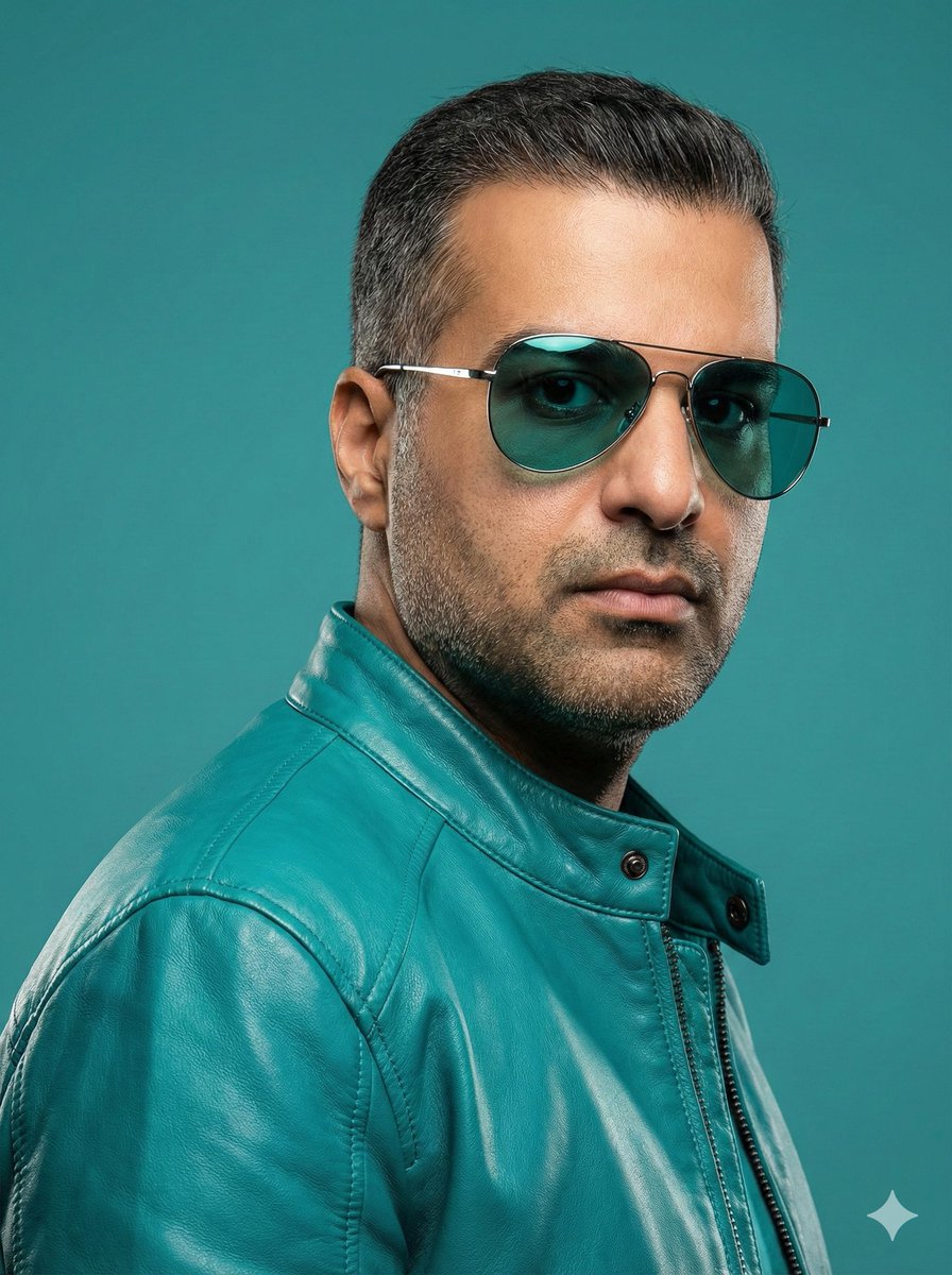 Teal Leather Jacket Studio Portrait Prompt — example 1