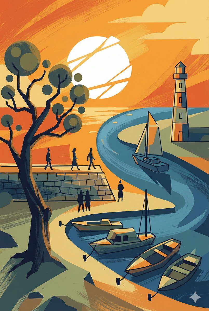 Abstract Drawing of Lighthouse and Sailboat Prompt — example 1
