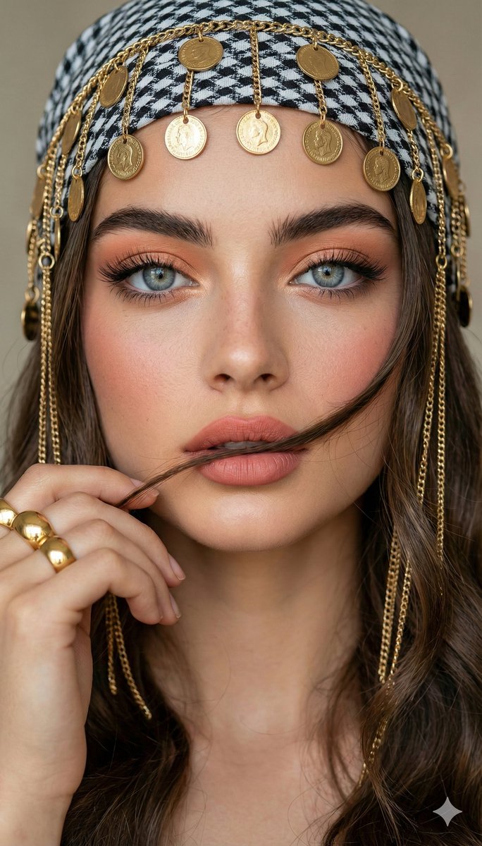 Close-up Portrait with Headscarf and Jewelry Prompt (Image Reference) — example 1