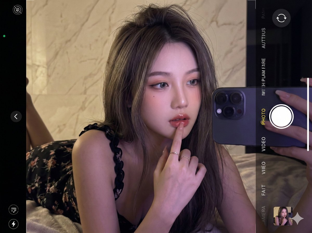 Ultra-realistic 16K selfie edit of a daydreaming girl on a blanket — example 1