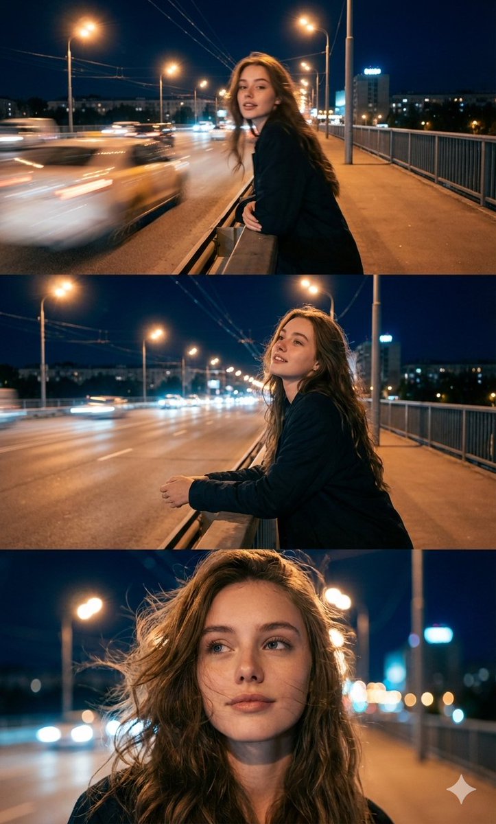 Cinematic Triptych Portrait in a Night City Setting — example 1