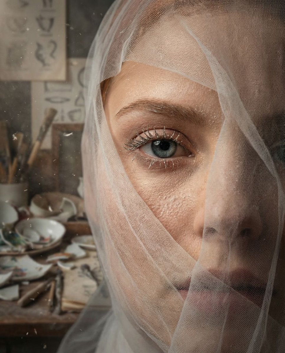 Surreal Macro Portrait with Porcelain Restoration Theme — example 2