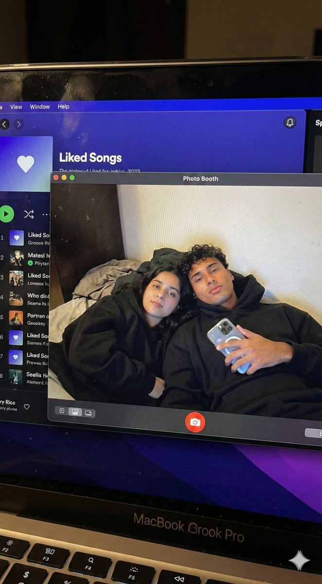Couple MacBook screen selfie simulation prompt — example 1