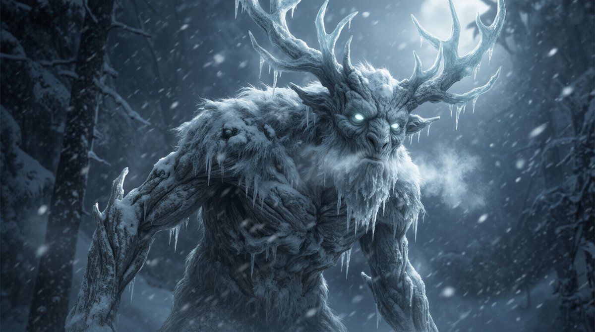 Dark Fantasy Winter Creature Emerging from a Blizzard — example 1