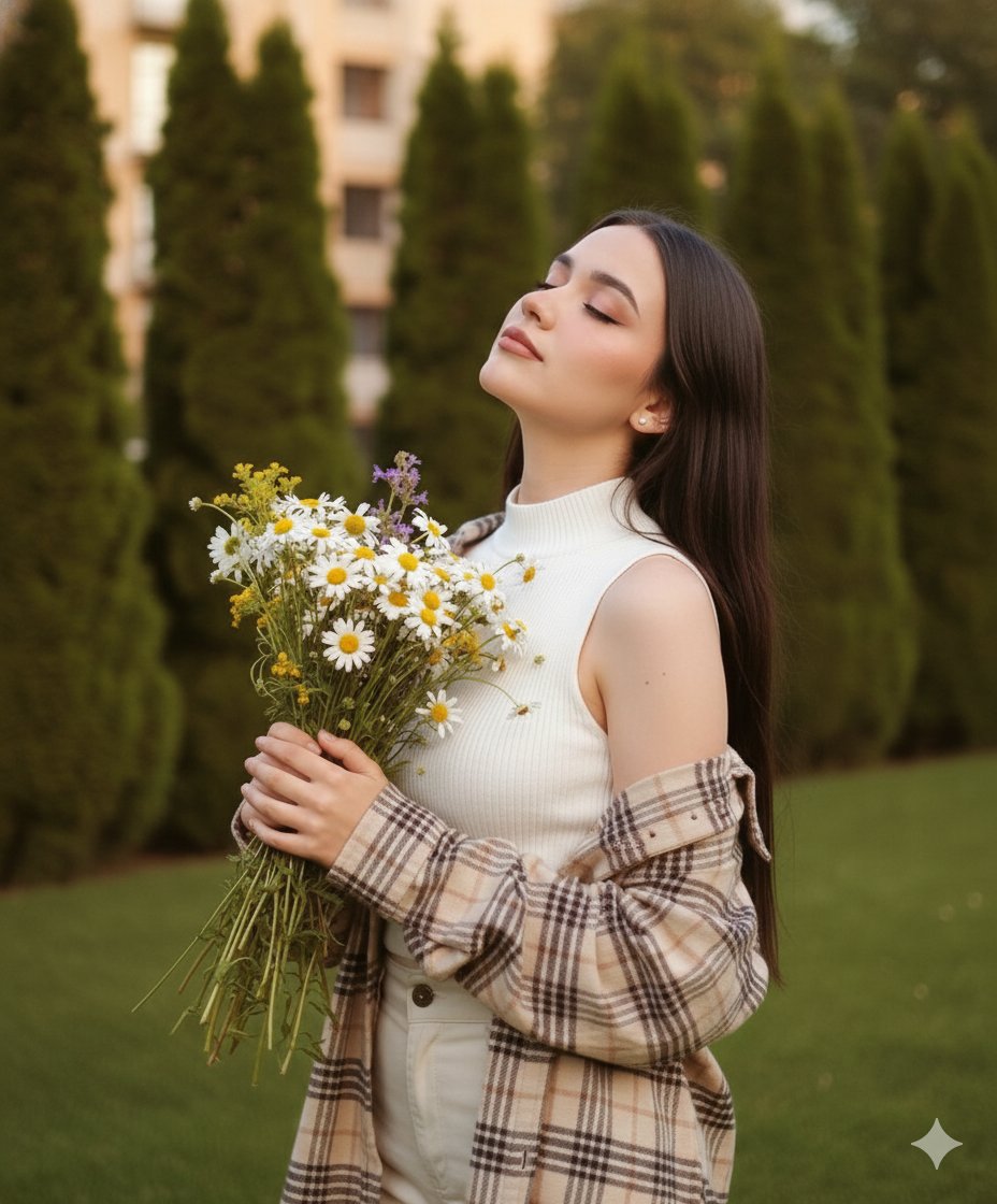 Dreamy Cinematic Portrait with Wild Bouquet in Golden Hour — example 1