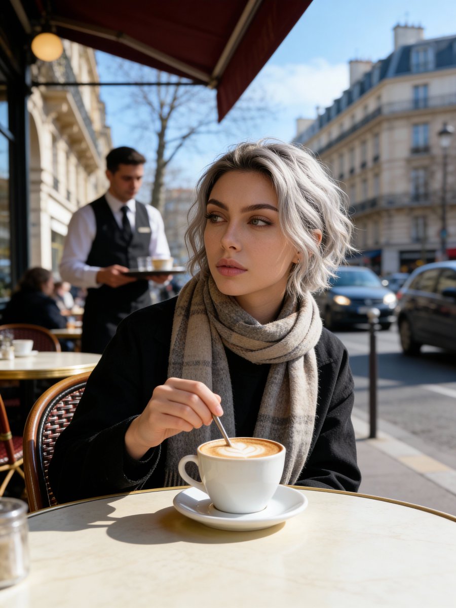 Paris Marais cafe terrace portrait prompt — example 2
