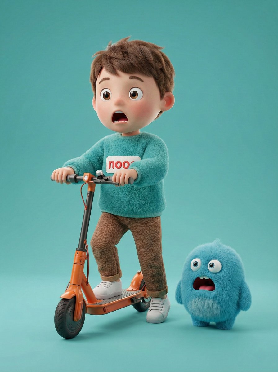3D Render of Boy and Furry Monster on Scooter — example 1