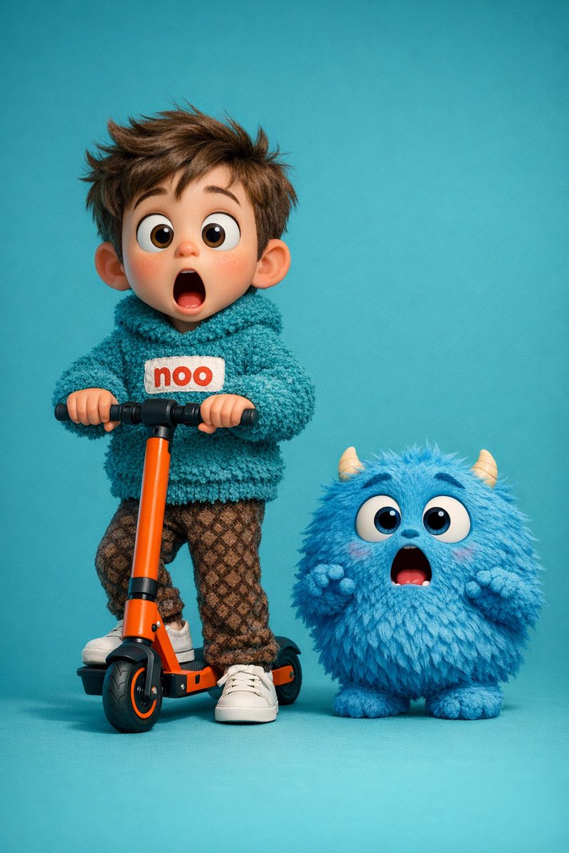 3D Render of Boy and Furry Monster on Scooter — example 2