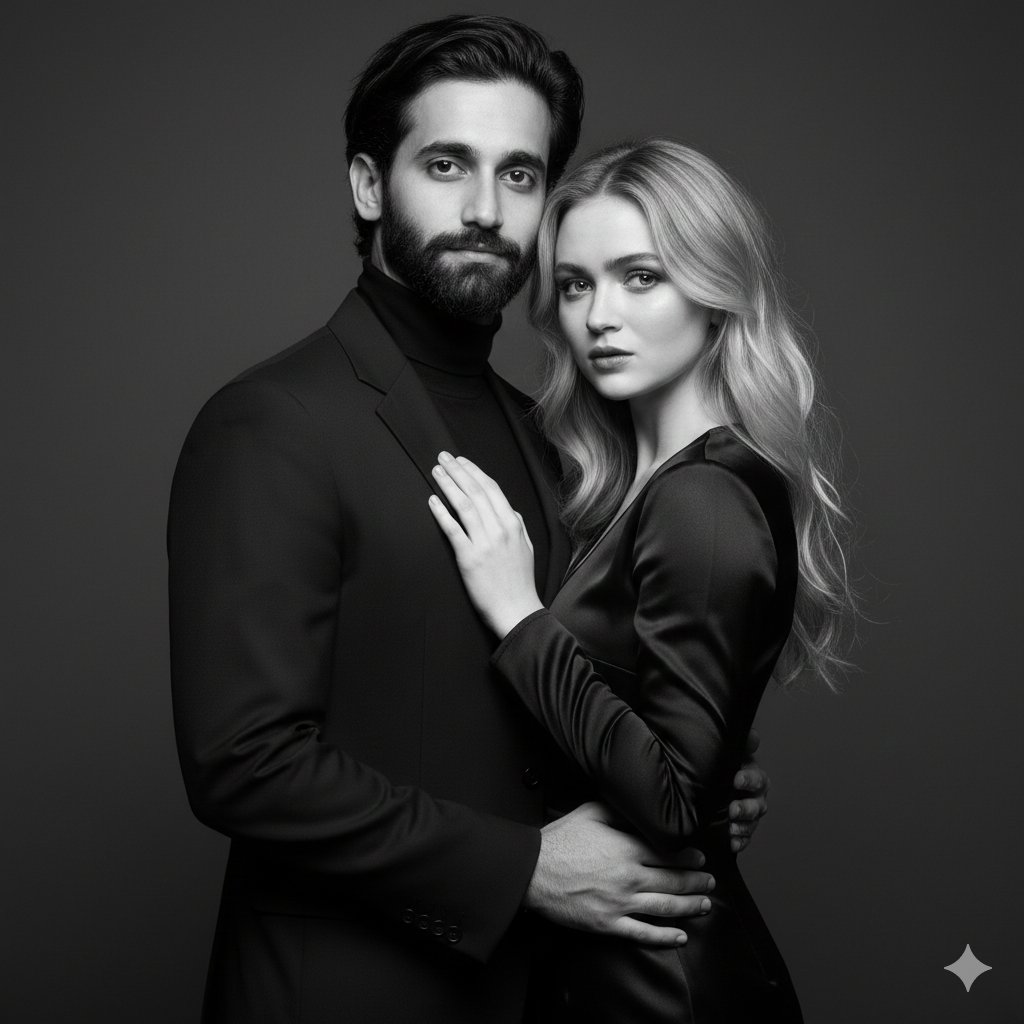 Black-and-White Studio Portrait of a Couple with Identity Lock — example 2