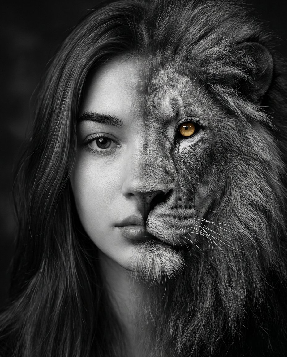 Cinematic Human-Lion Fusion Portrait — example 1