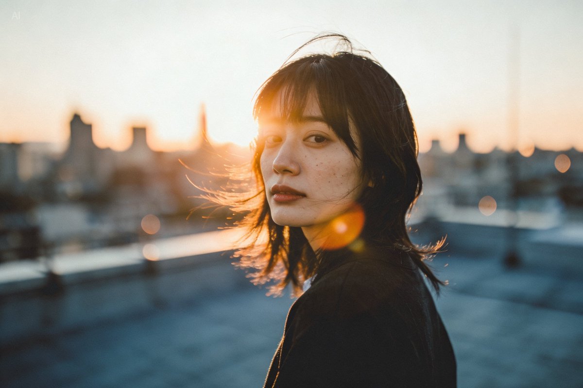 Golden hour rooftop portrait photography prompt — example 1