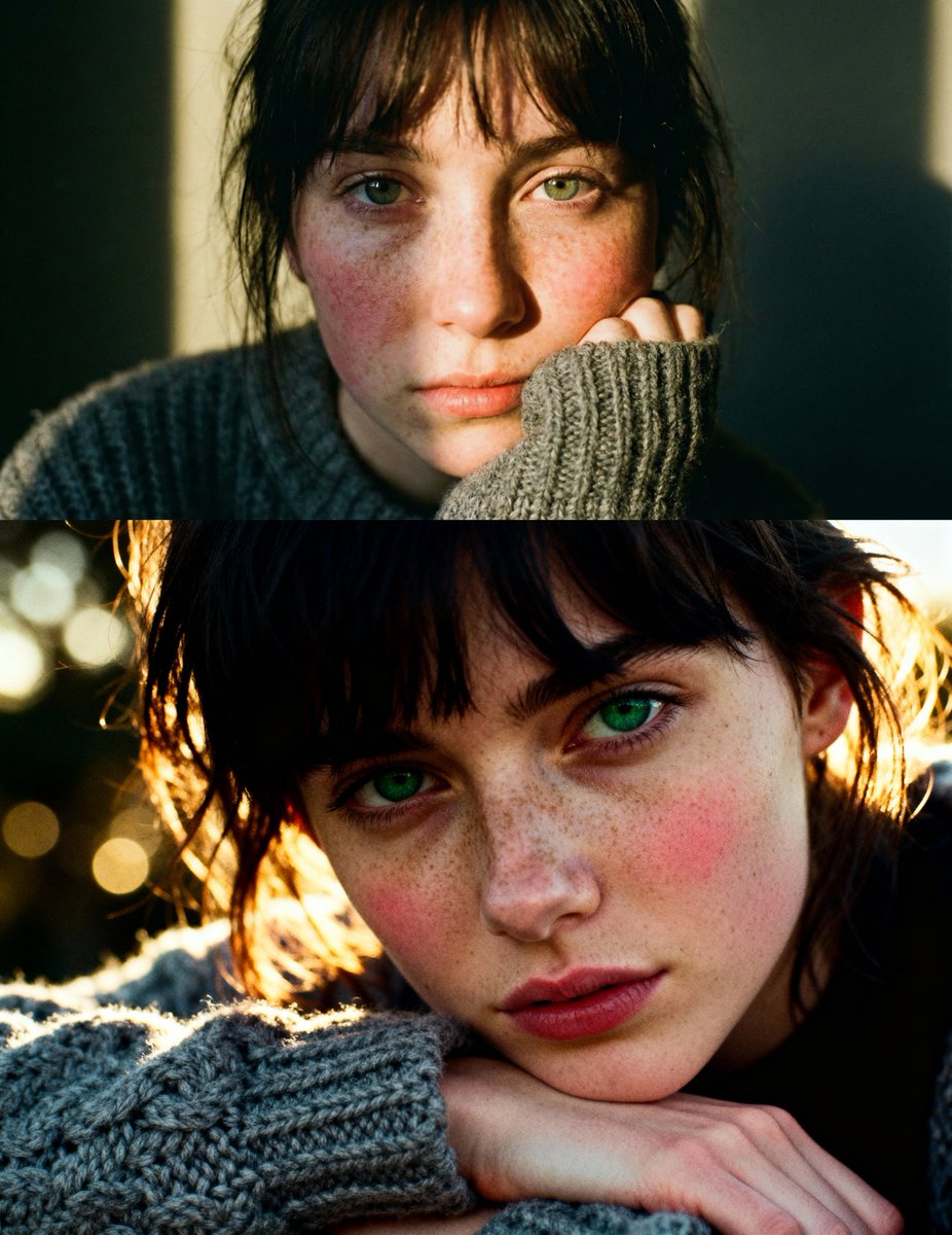 Cinematic close-up portrait with green eyes and knit sweater — example 1