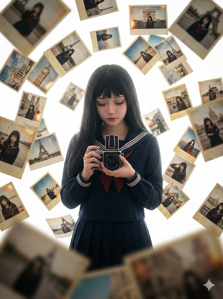 Photorealistic Asian Girl with Floating Photos Prompt (JSON Format) — example 1
