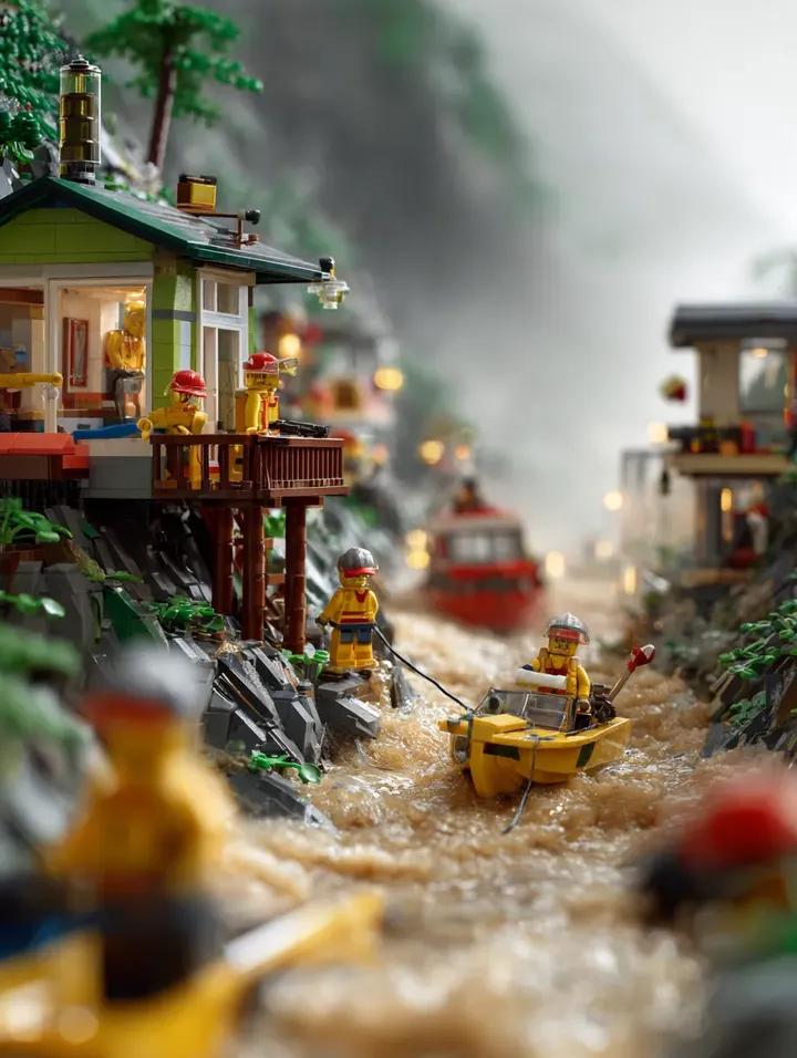 LEGO Mountain Flood Rescue Scene Prompt — example 1