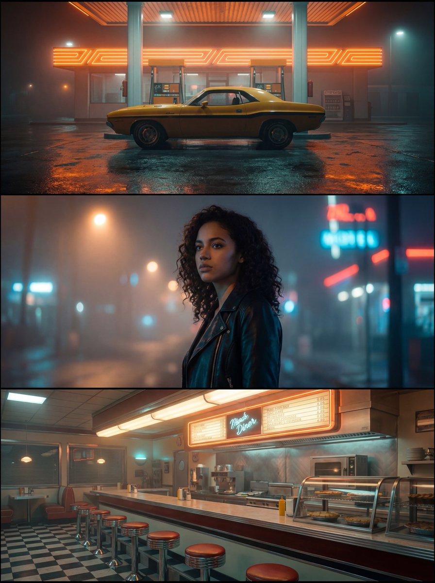 Neo-Noir Synthwave Triptych Montage — example 1