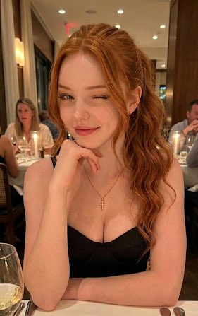 Realistic portrait of a young woman winking in an upscale restaurant — example 1