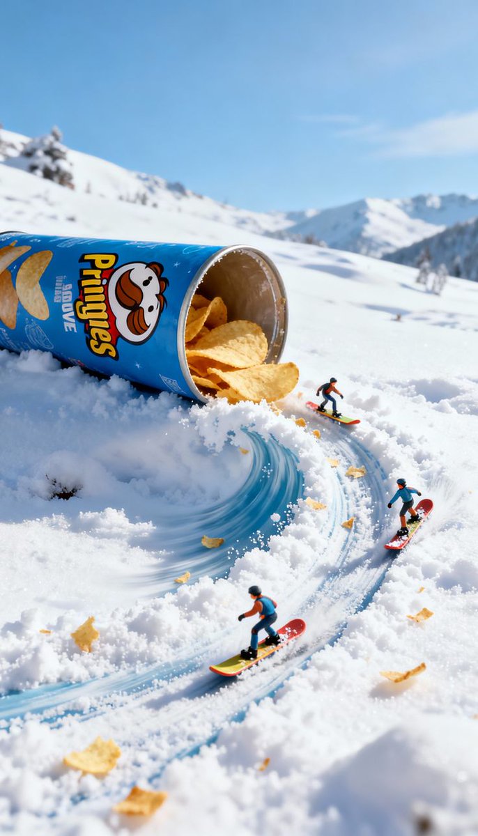 Video prompt for surreal miniature Pringles can snowboard scene — example 1