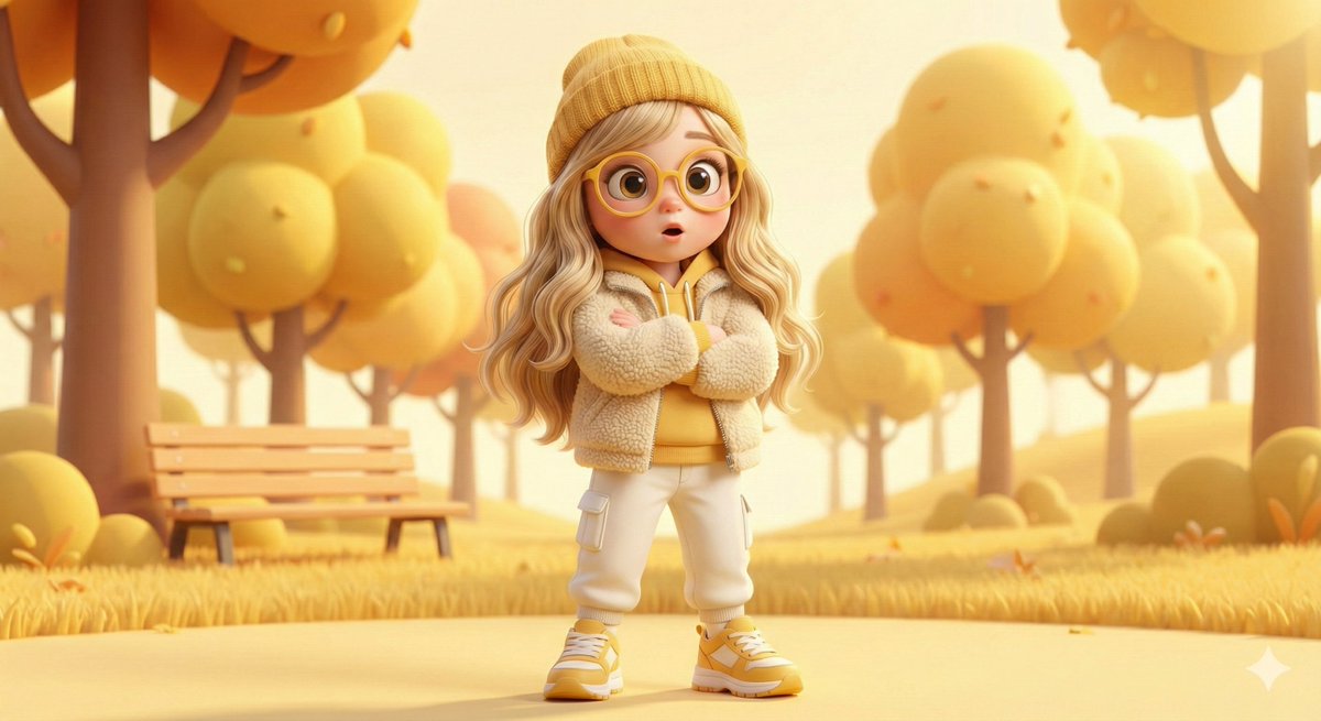 Pixar-style 3D character of a cheerful girl in yellow — example 1