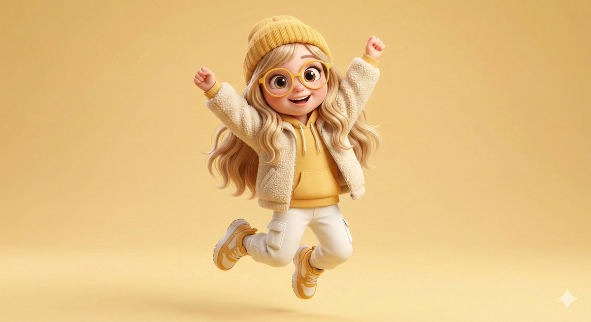 Pixar-style 3D character of a cheerful girl in yellow — example 2