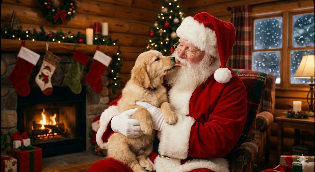 Simple Christmas dog and Santa image prompt — example 2