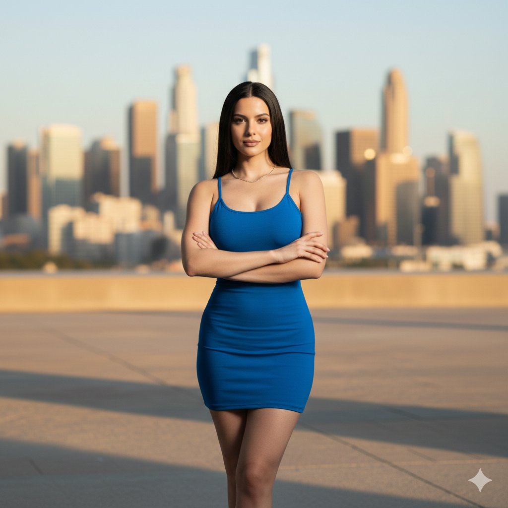 Flash photography portrait of a woman in a blue mini-dress — example 3