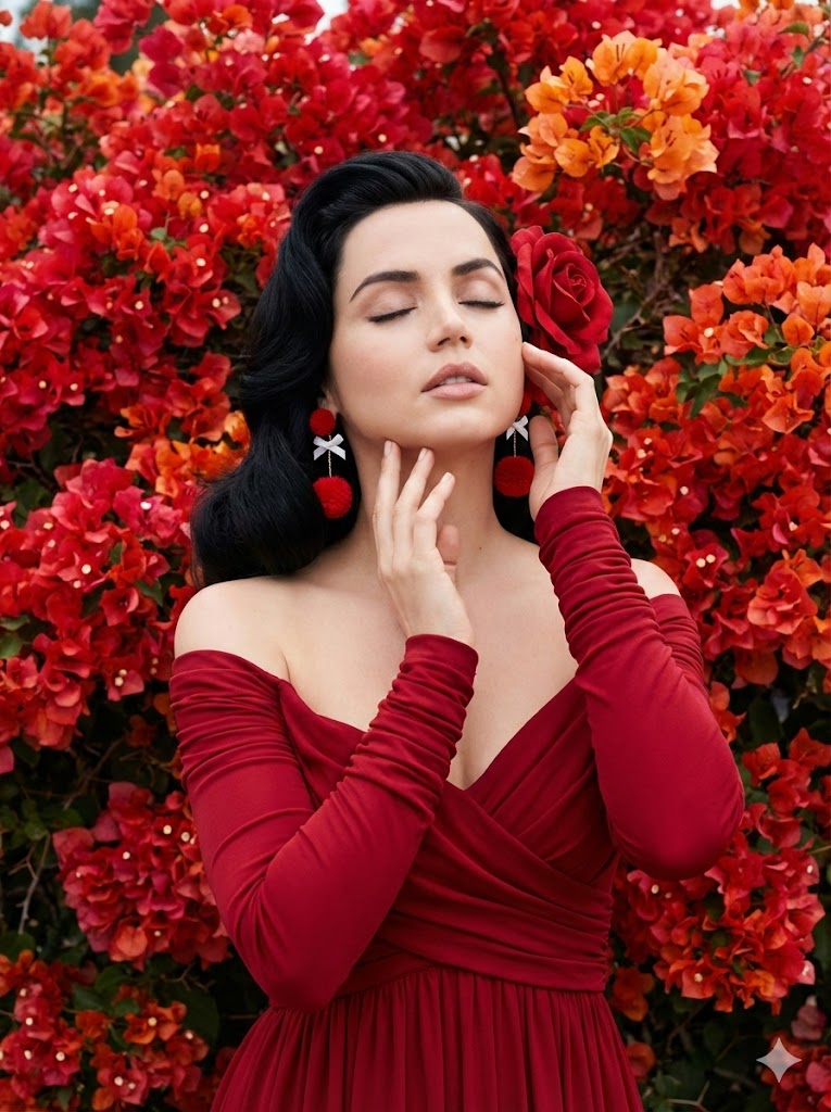 Ultra-HD portrait of Ana de Armas in a crimson gown surrounded by red flowers — example 1