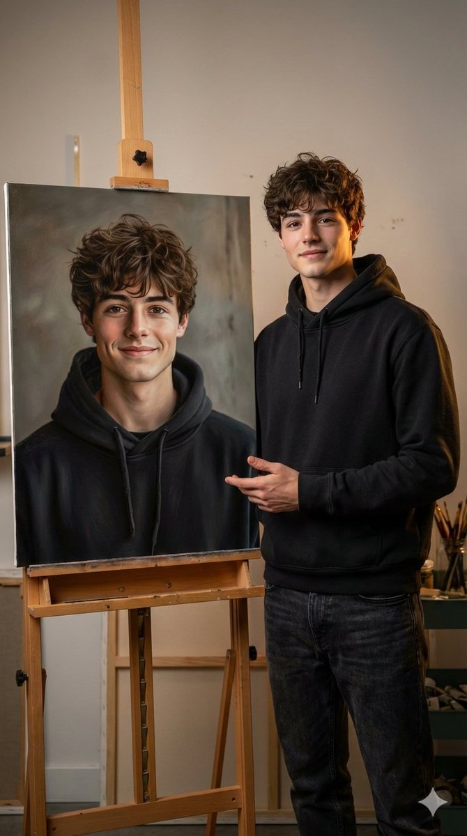 Hyper-realistic portrait with a painting of the subject — example 1