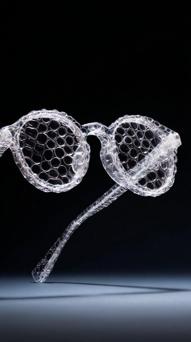 Minimalist studio shot of transparent bubble wrap fashion item — example 1