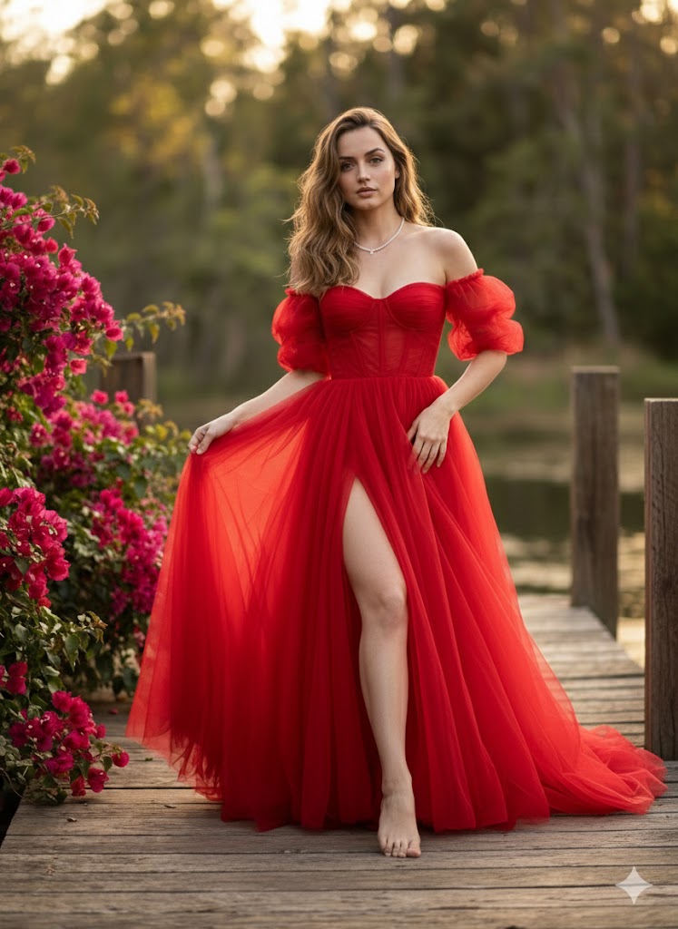 Cinematic fine-art photo of Ana de Armas in a red gala dress — example 1