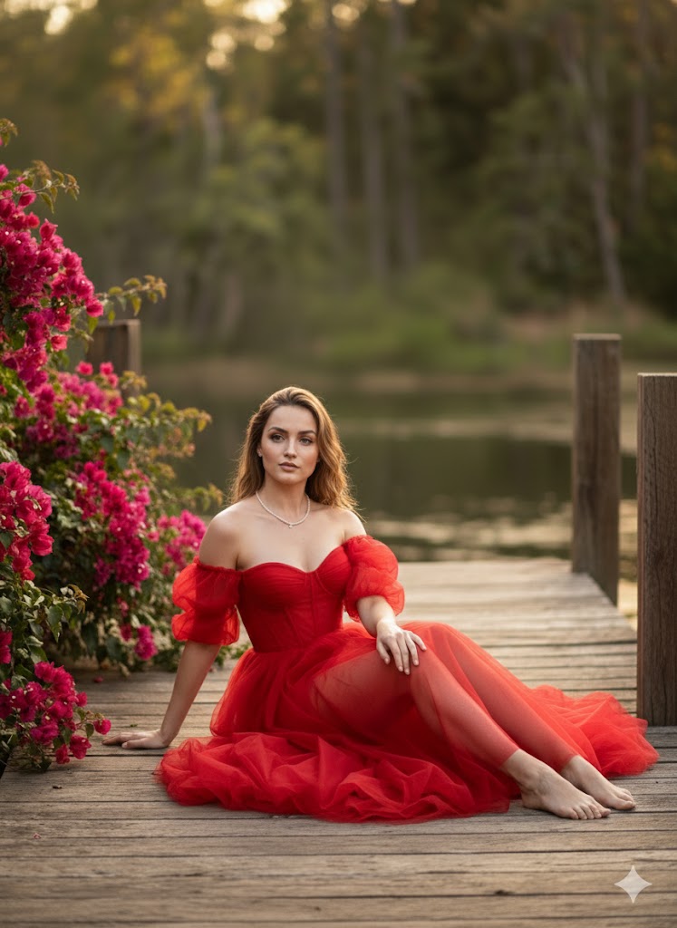 Cinematic fine-art photo of Ana de Armas in a red gala dress — example 2