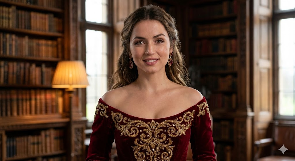 Dataset of Ana de Armas in luxury gowns in historical settings — example 3