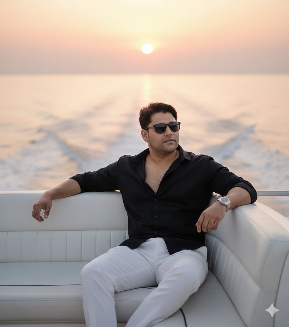 Ultra-realistic cinematic portrait on a luxury yacht at sunset — example 1