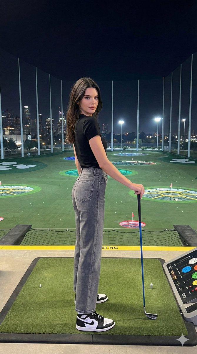 Fashion editorial of Kendall Jenner at a luxury night golf range — example 3