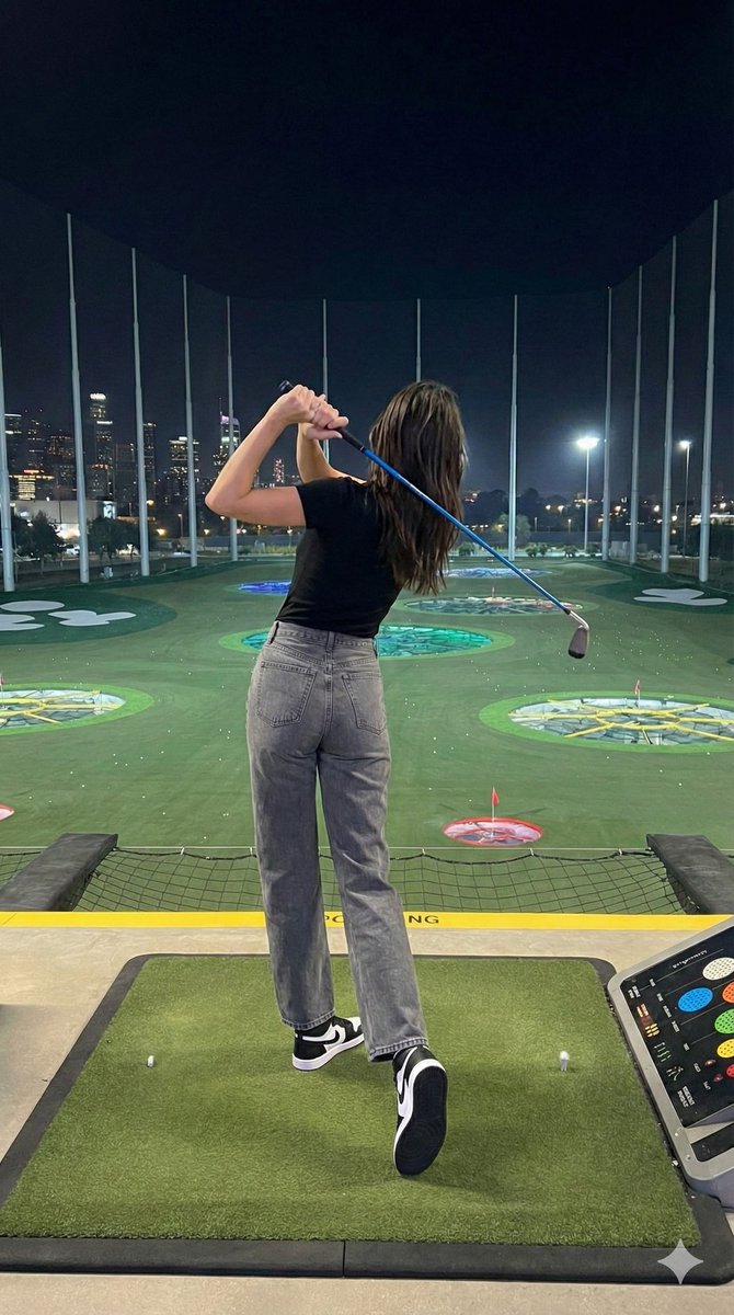 Fashion editorial of Kendall Jenner at a luxury night golf range — example 4