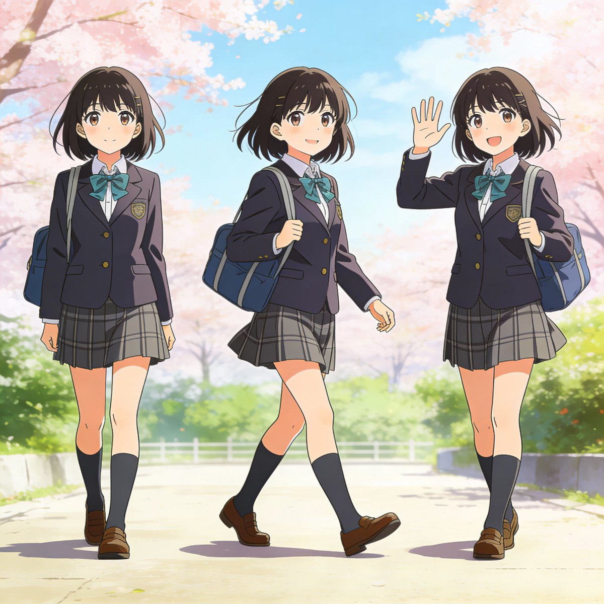 Three-pose anime girl consistency prompt — example 1