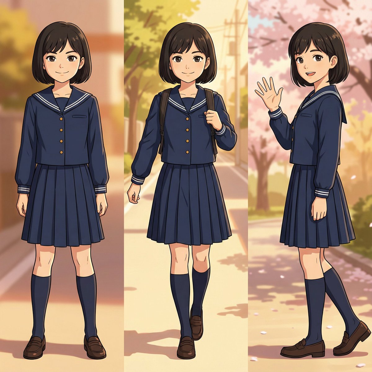 Three-pose anime girl consistency prompt — example 2