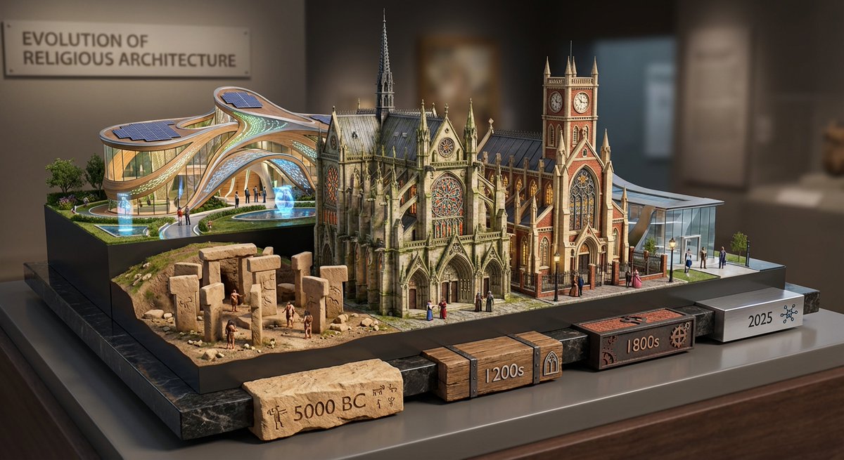 Layered Diorama of Religious Architecture Evolution — example 1