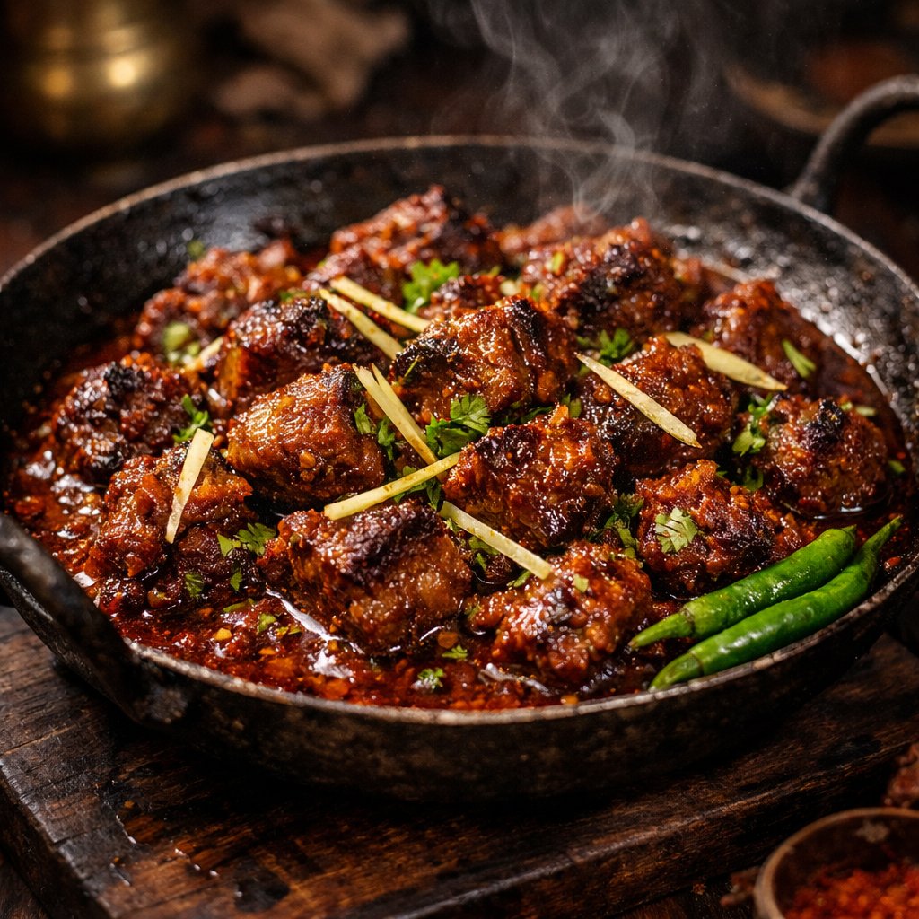 Cinematic 8K Mutton Karahi Food Macro Shot — example 1