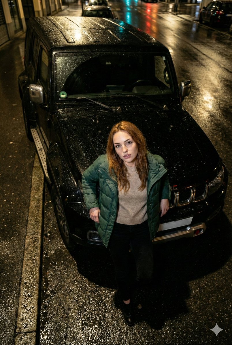 High-Angle Flash Photo on SUV Hood at Night — example 1