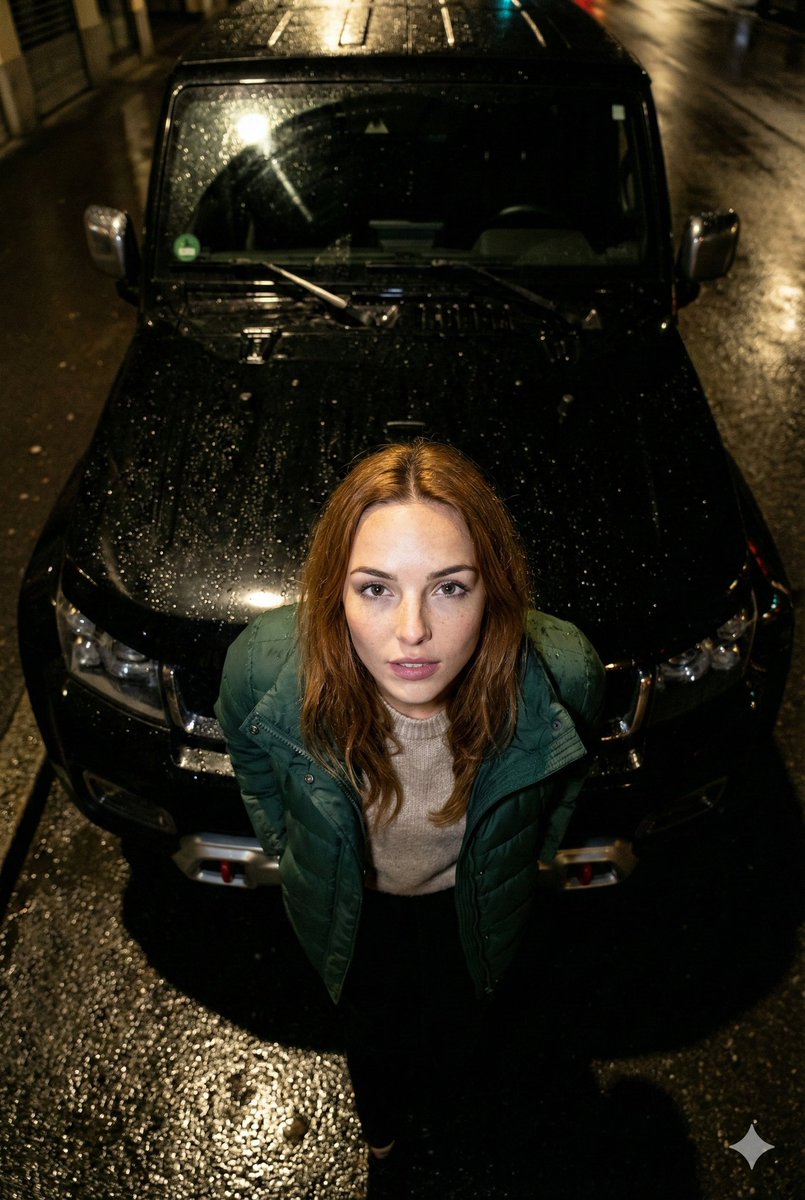 High-Angle Flash Photo on SUV Hood at Night — example 2