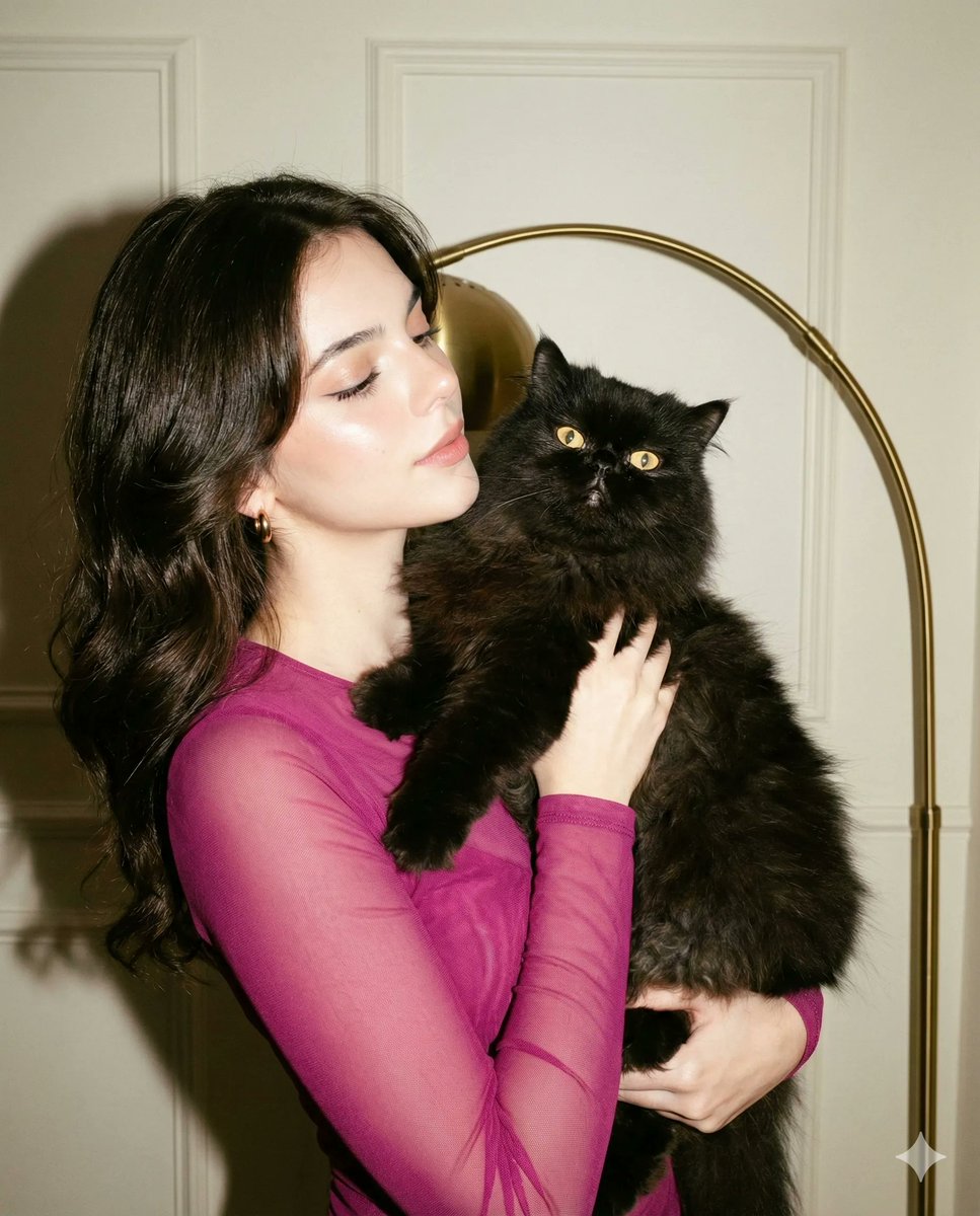 High-Fashion Flash Photo with Cat (Facial Edit Lock) — example 1