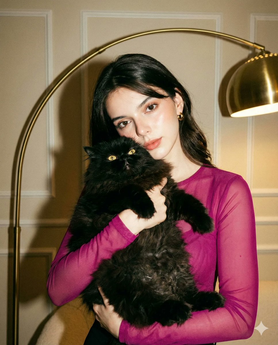 High-Fashion Flash Photo with Cat (Facial Edit Lock) — example 2