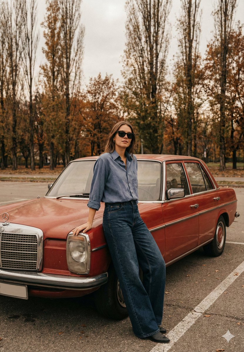 Old Money Cinematic Portrait with Vintage Sedan — example 1