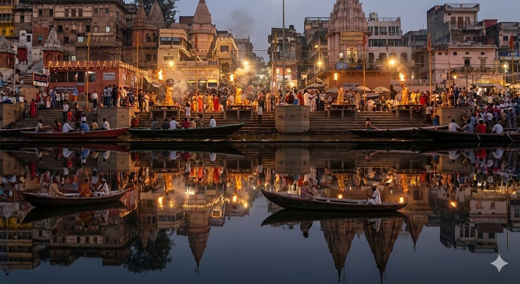 Varanasi ghats dual-timeline reflection scene — example 1