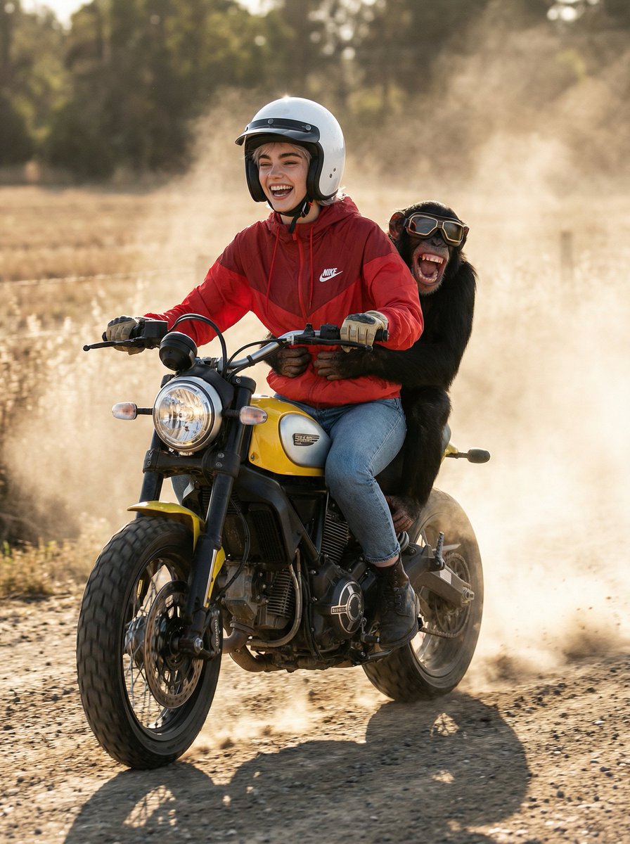 Cinematic Action Photo and Video Prompt (Woman and Chimpanzee on Motorcycle) — example 1