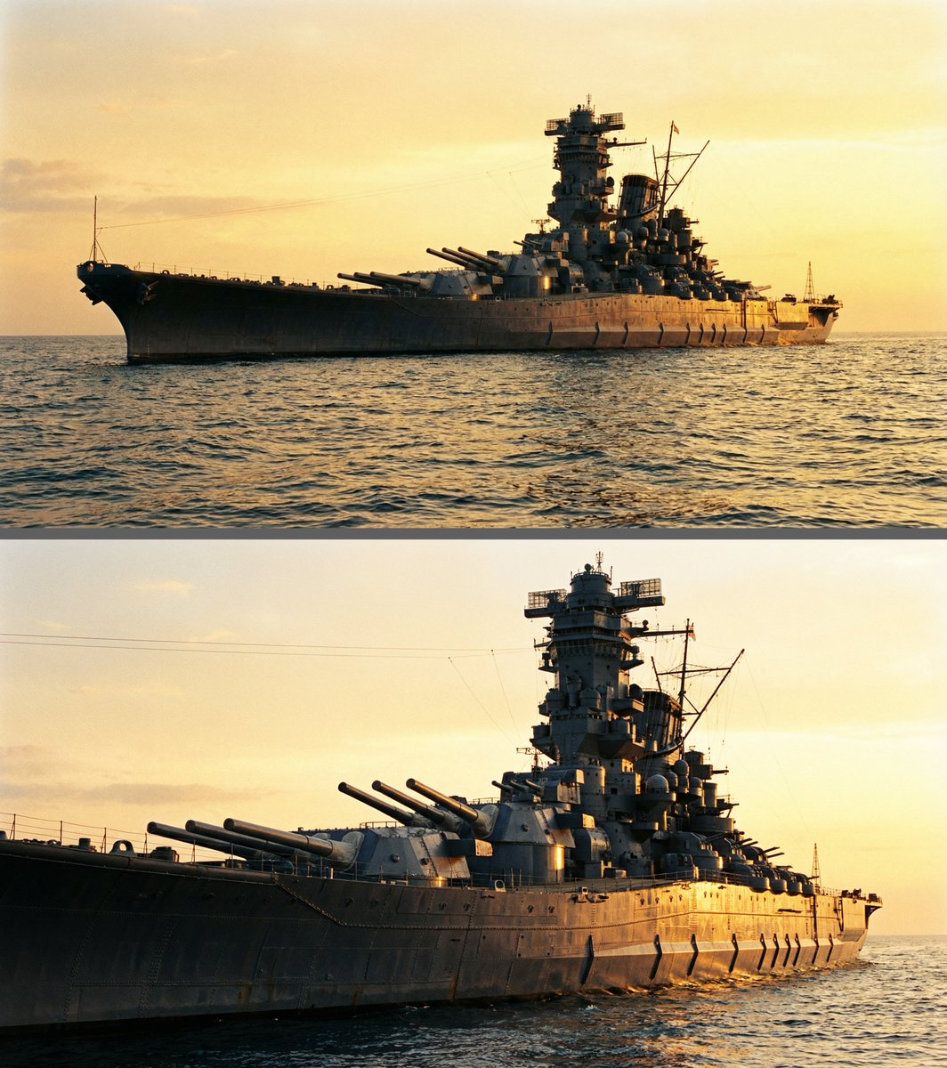 Colossal battleship at dawn illustration prompt — example 1